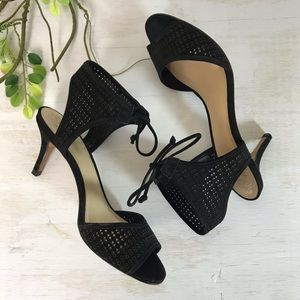 Vince Camuto black suede laser cut open toe heel 7